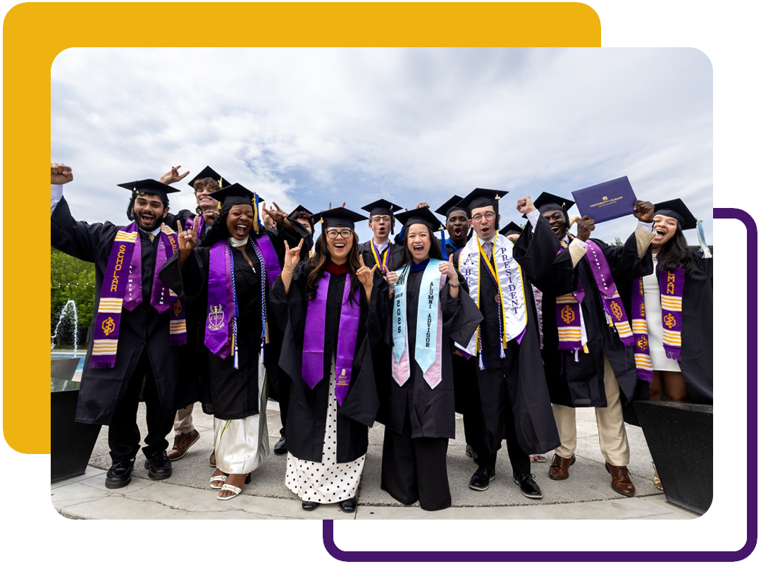 Students wearing graduation caps and gowns.